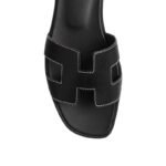 Hermes Oran Sandal Black Calfskin – White Top Stitch Flat - Image 4